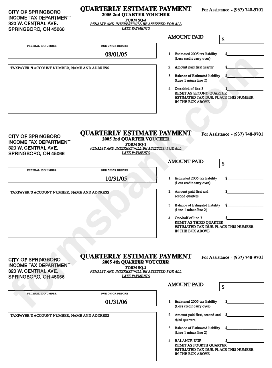 Quarterly Estimated Payment Form Springfield Ohio printable pdf