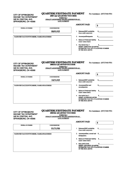 Quarterly Estimated Payment Form - Springfield - Ohio Printable pdf