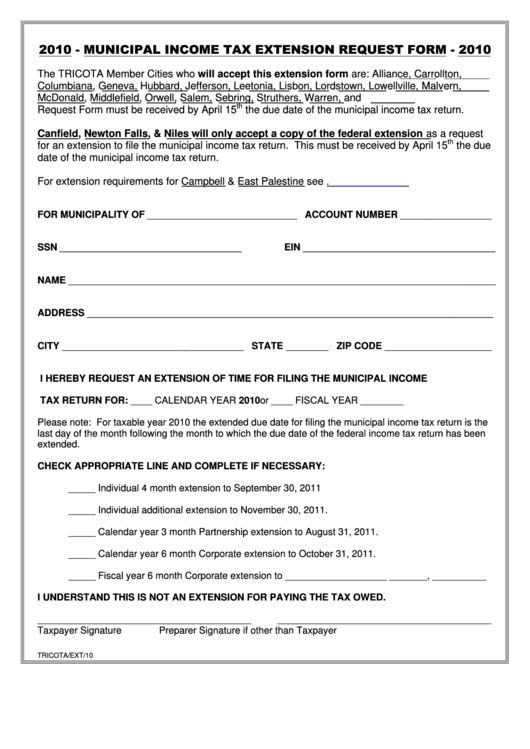 Municipal Income Tax Extension Request Form - The Tricota Member Cities - 2010 Printable pdf