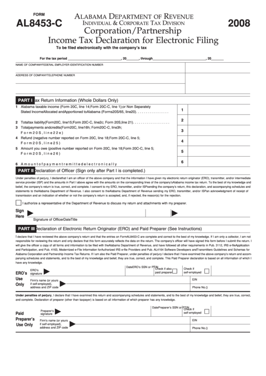 Form Al8453-C - Corporation/partnership Income Tax Declaration For Electronic Filing - 2008 Printable pdf