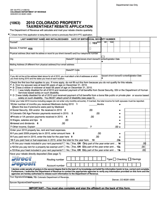 Form Dr 104 Ptc - Property Tax/rent/heat Rebate Application/dr 4679 Ptc - Affidavit - 2010 Printable pdf