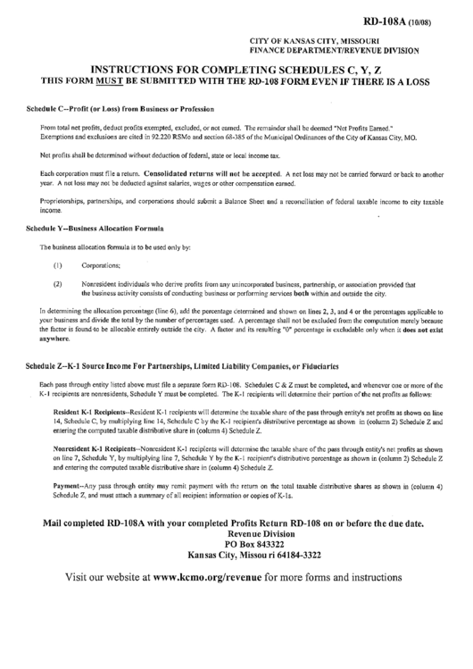 Instructions For Shedules C y z Form Rd 108a Profits Return Earning 