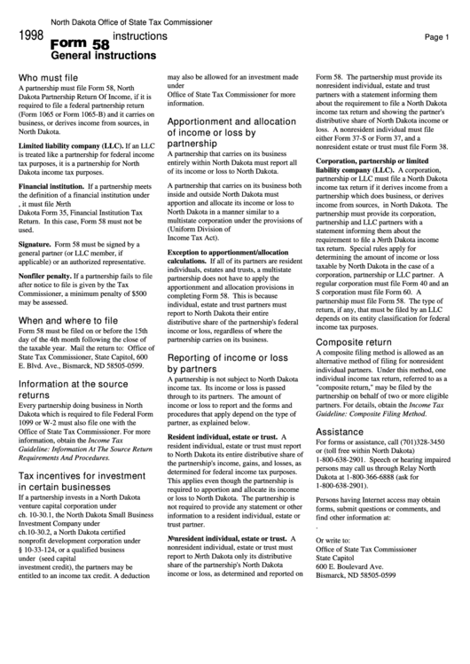 Form 58 Instructions - 1998 Printable pdf