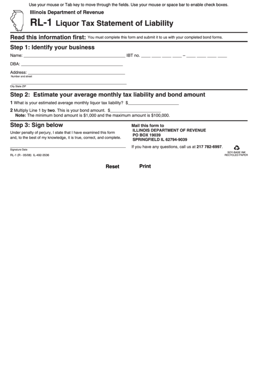 Fillable Form Rl-1 - Liquor Tax Statement Of Liability Printable pdf