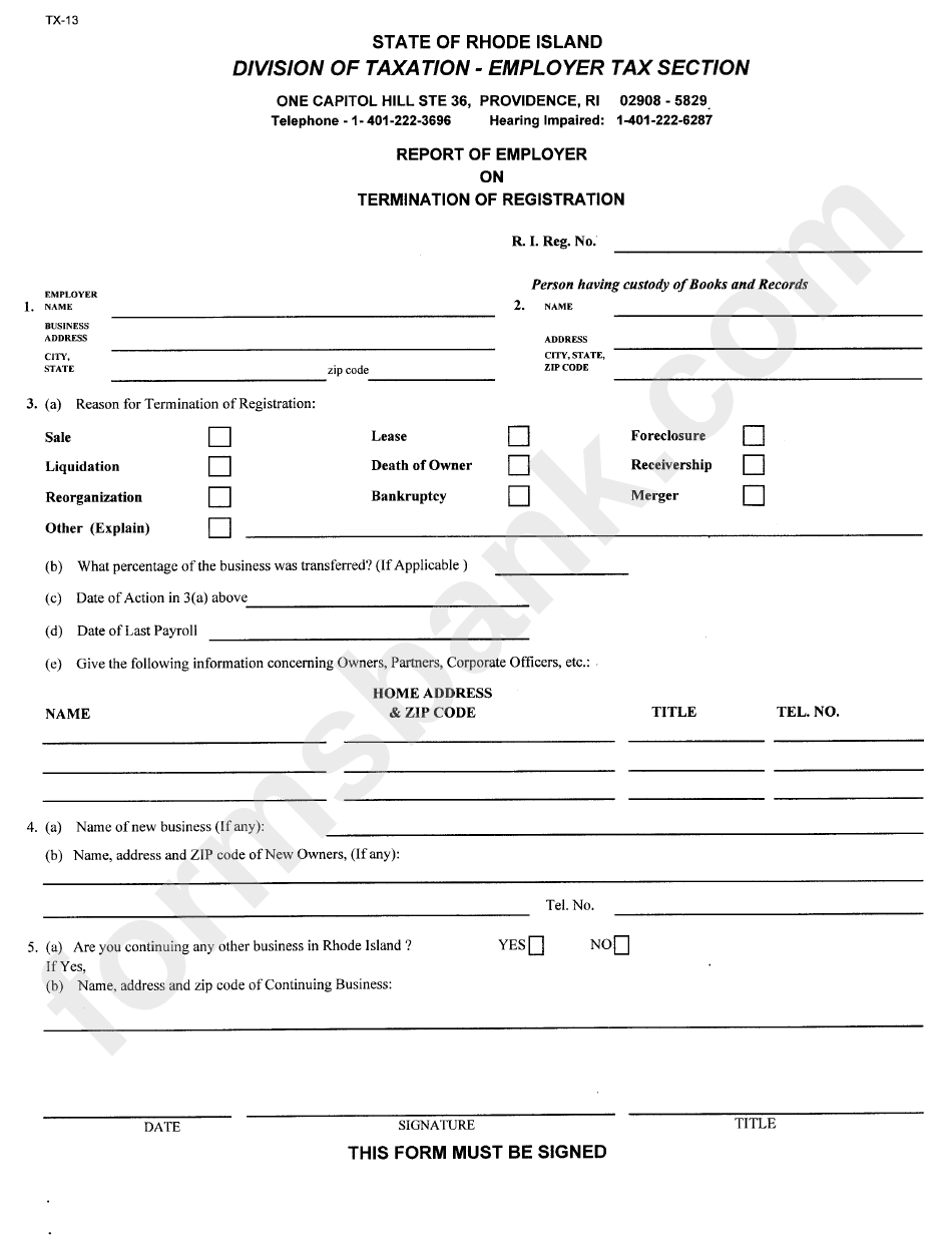 Form Tx-13 - Report Employer On Termination Of Registration