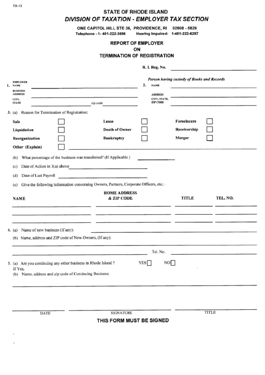 Form Tx-13 - Report Employer On Termination Of Registration Printable pdf