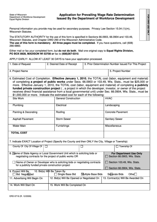 Application For Prevailing Wage Rate Determination - Department Of Workforce Development - 2010 Printable pdf
