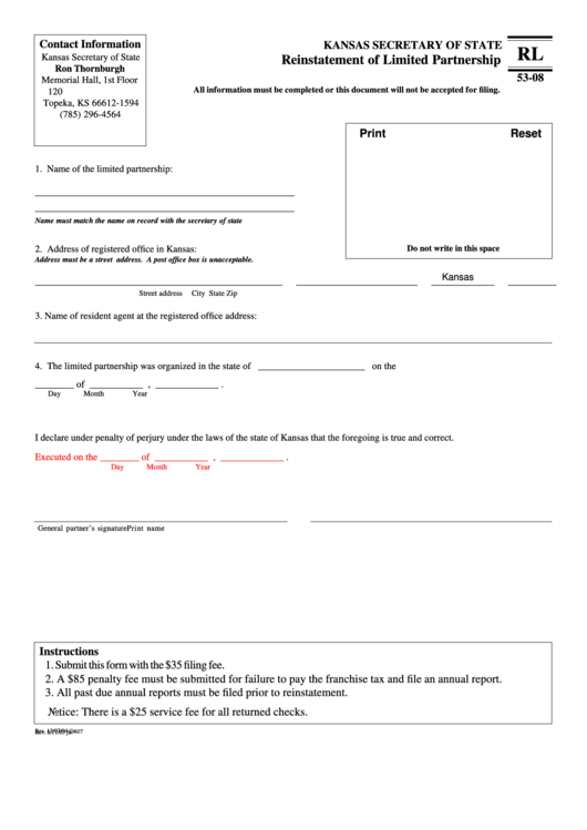 Fillable Form Rl 53-08 - Reinstatement Of Limited Partnership - 2004 Printable pdf