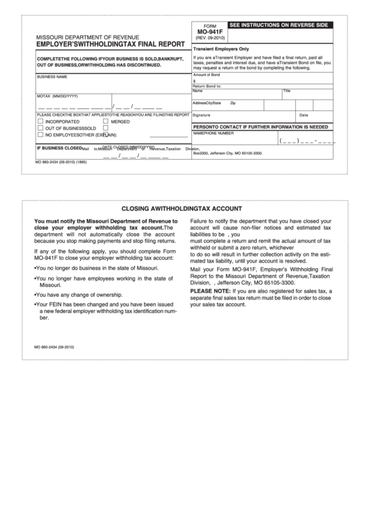 Form Mo-941f - Employer's Withholding Tax Final Report - 2010