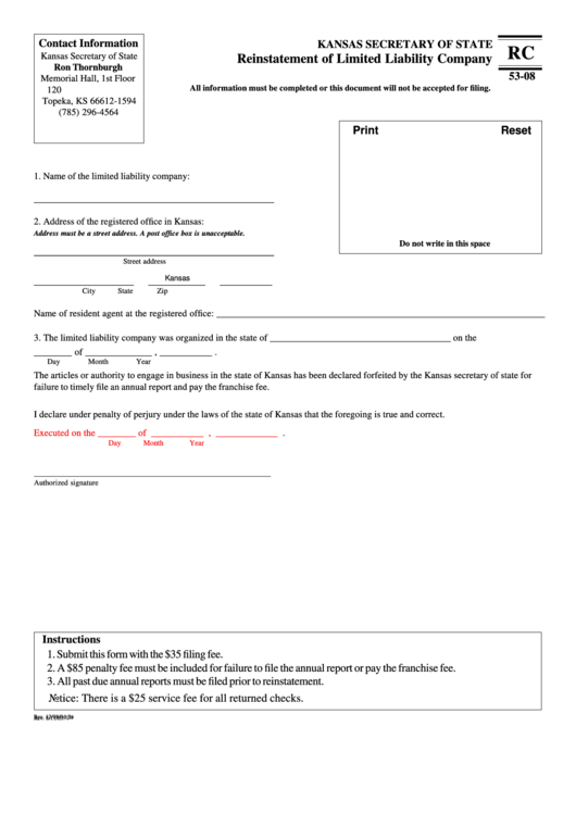 Fillable Form Rc 53-08 - Reinstatement Of Llc Printable pdf