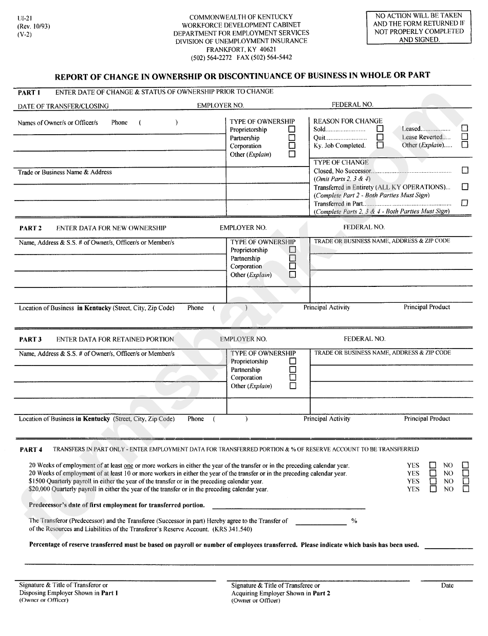 Form Ui-21 - Report Of Change In Ownership Or Discontinuance Of Business In Whole Or Part - Department Of Employment Services