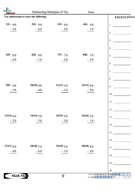 Subtracting Multiples Of Ten Math Worksheet Printable pdf