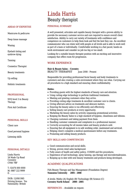 Beauty Therapist Resume Examples