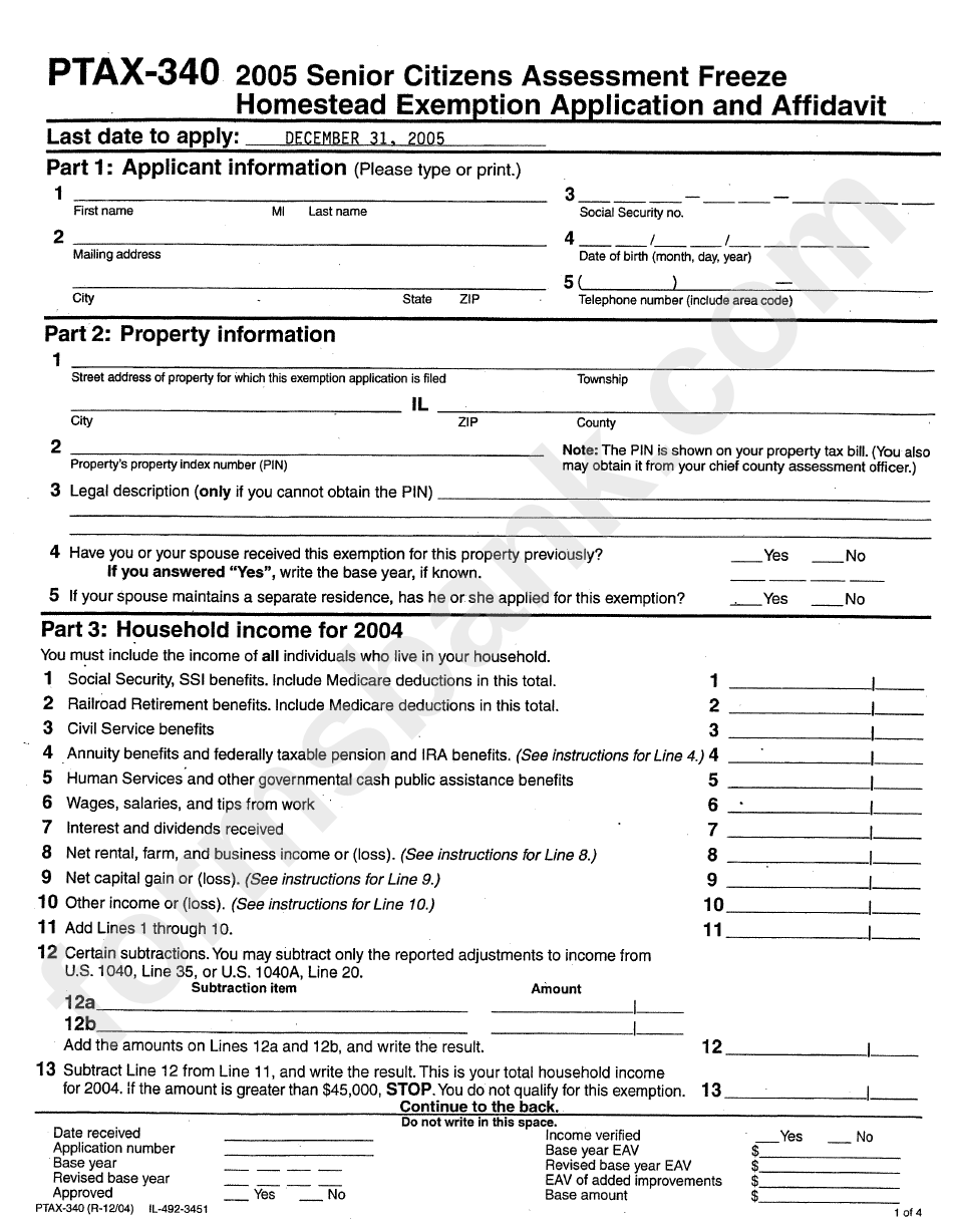 Form Ptax-340 - Senior Citizens Assessment Freeze Homestead Exemption Application And Affidavit - 2005