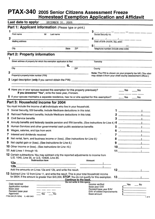 Form Ptax-340 - Senior Citizens Assessment Freeze Homestead Exemption Application And Affidavit - 2005 Printable pdf