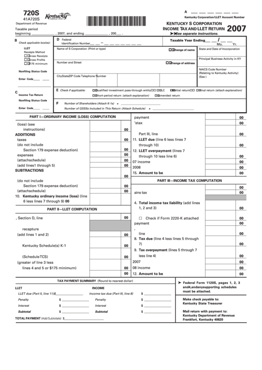 Form 720s - Kentucky S Corporation Income Tax And Llet Return - 2007 Printable pdf