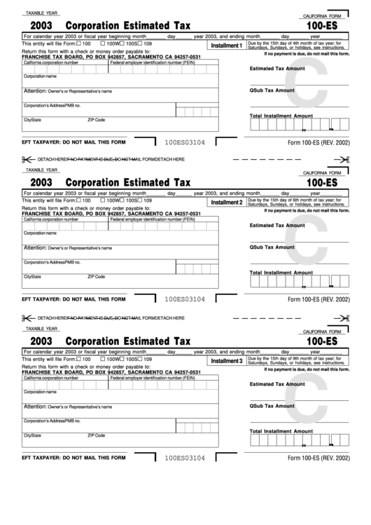 Form 100-Es - Corporation Estimated Tax - 2003 Printable pdf