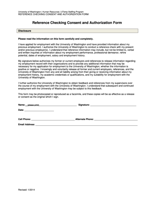 Reference Checking Consent And Authorization Form Printable pdf