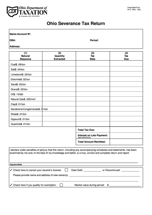 Form Sv 3 - Ohio Severance Tax Return - 2002 Printable pdf