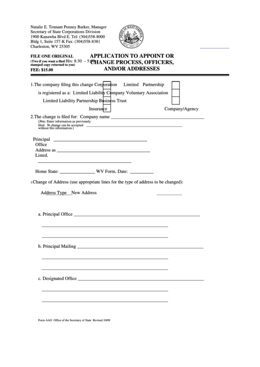 Fillable Form Aao Application To Appoint Or Change Process, Officers