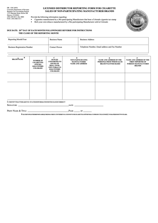 Form Dr 1285 - Licensed Distributor Reporting Form For Cigarette Sales Of Non-Participating Manufacturer Brands - 2003 Printable pdf