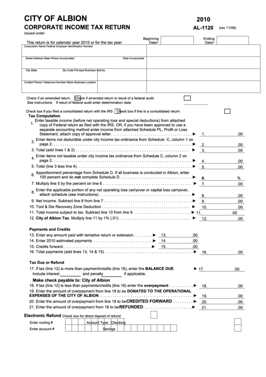 Form Al-1120 - Corporate Income Tax Return - 2010 Printable pdf
