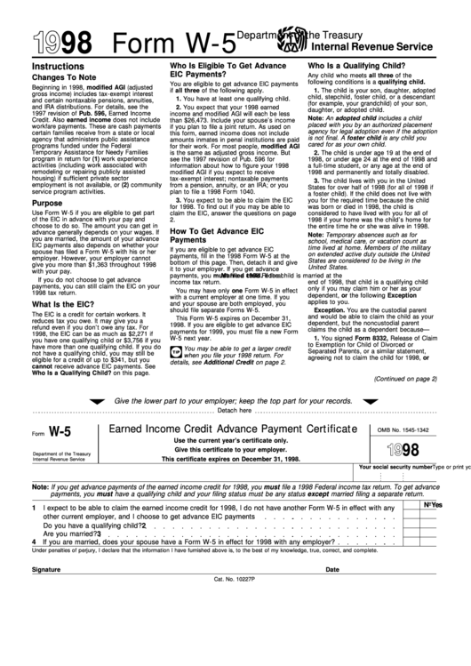 Form W-5 - Earned Income Credit Advance Payment Certificate - 1998 Printable pdf