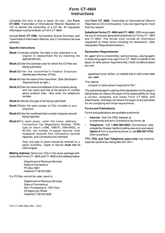 Form Ct-4804 Instructions - 2007 Printable pdf