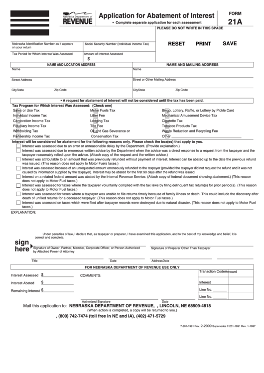 Fillable Form 21a - Application For Abatement Of Interest Printable pdf
