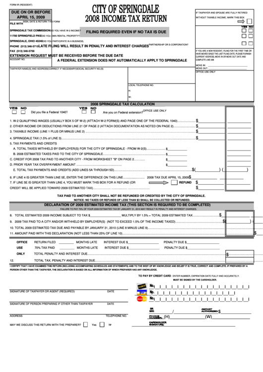 Form Ir - Income Tax Return - City Of Springdale - 2008 Printable pdf
