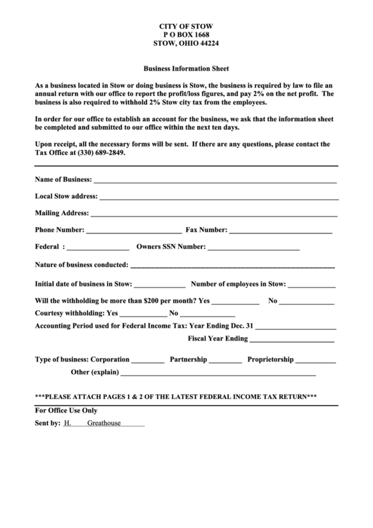 Business Information Sheet - City Of Stow Printable pdf