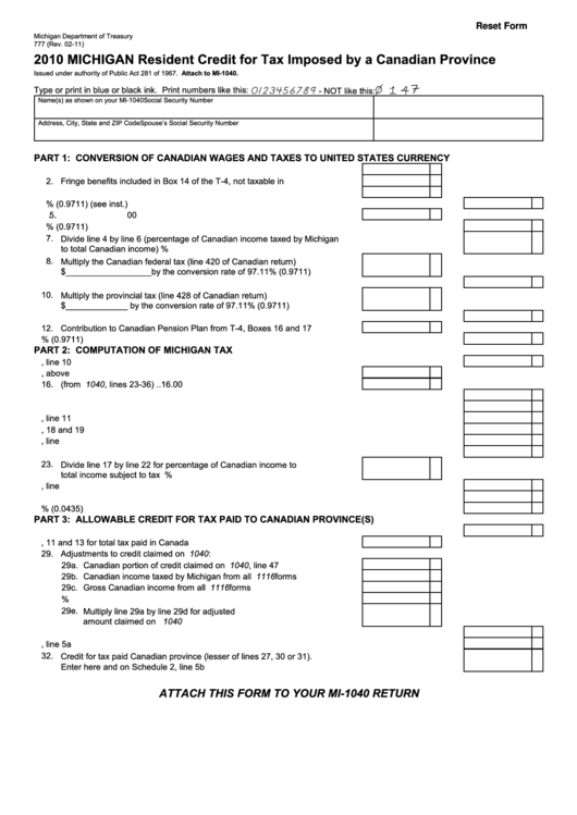Fillable Form 777 - Michigan Resident Credit For Tax Imposed By A Canadian Province - 2010 Printable pdf