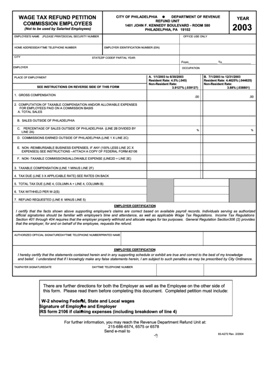 Form 83-A272 - Wage Tax Refund Petition Commission Employees - 2003 Printable pdf