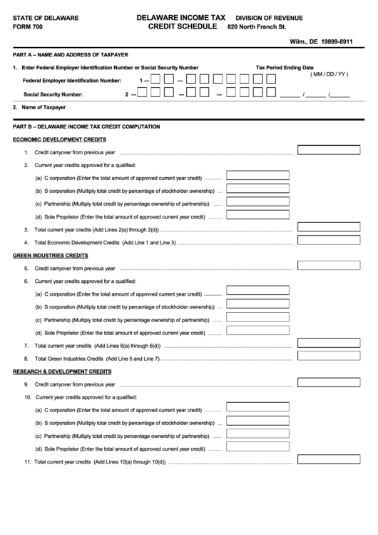 Form 700 - Delaware Income Tax Credit Schedule Printable pdf