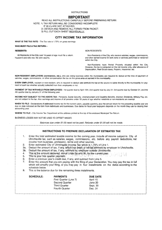 Instructions For City Income Tax Return Form Printable pdf