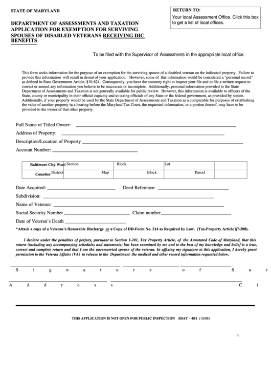 Fillable Form Sdat - 4b1 - Application For Exemption For Surviving Spouses Of Disabled Veterans Receiving Dic Benefits Printable pdf