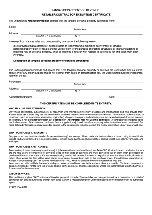 Form St-28w - Retailer/contractor Exemption Certificate - 2005 Printable pdf