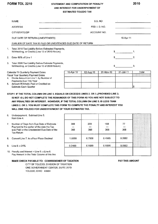 Form Tol 2210 - Statement And Computation Of Penalty And Interest For Underpayment Of Estimated Toledo Tax - 2010 Printable pdf