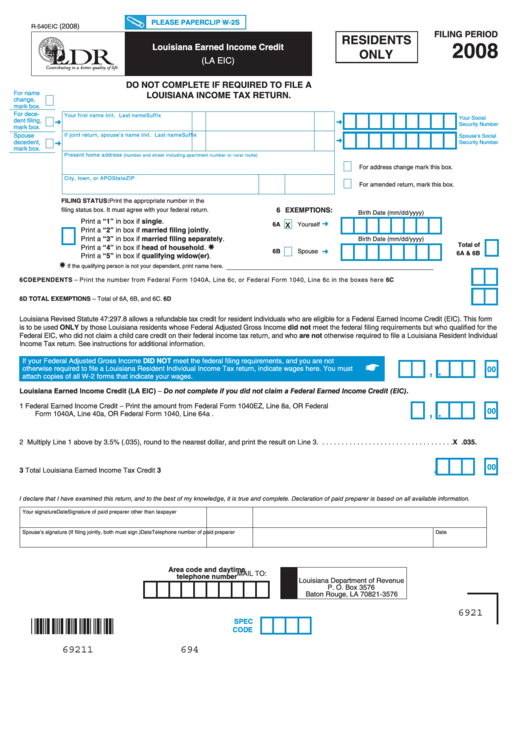 Fillable Form R-540eic - Louisiana Earned Income Credit (La Eic) - 2008 Printable pdf