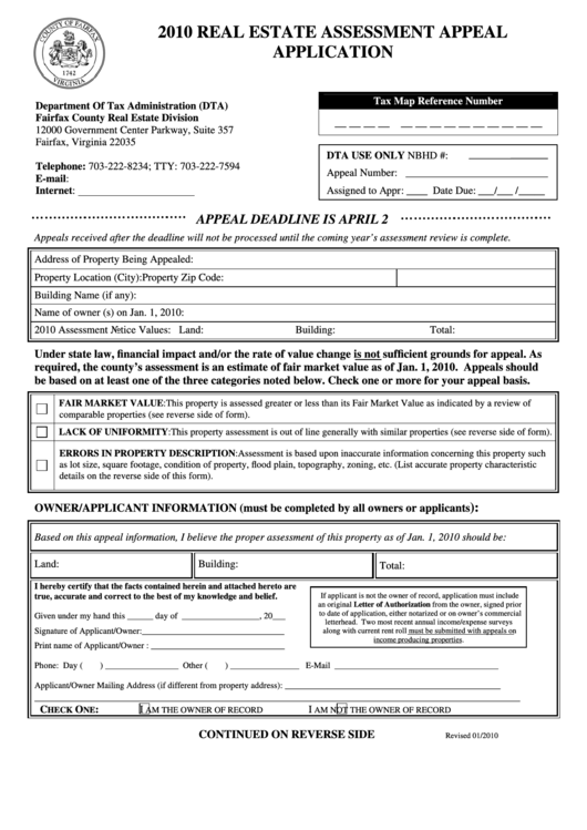2010 Real Estate Assessment Appeal Application - Virginia Department Of Tax Administration Printable pdf