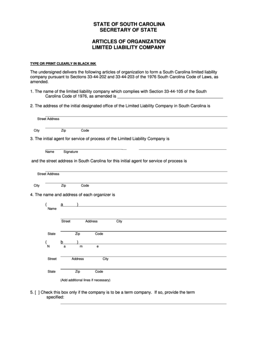 Fillable Articles Of Organization Limited Liability Company - South Carolina Secretary Of State Printable pdf