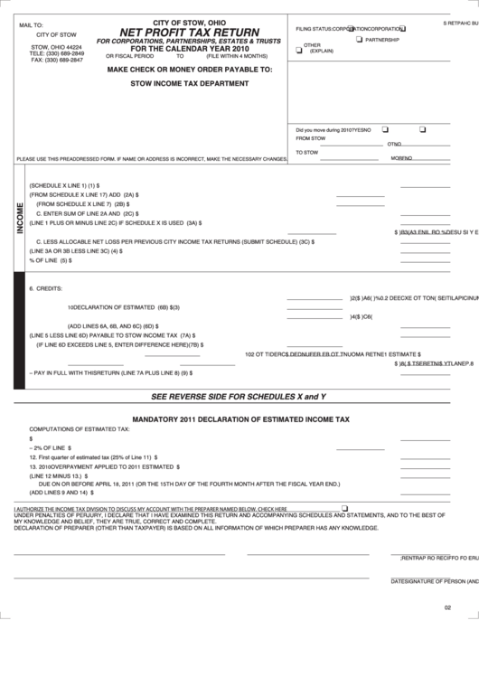 Net Profit Tax Return Form City Of Stow, Ohio 2010 printable pdf