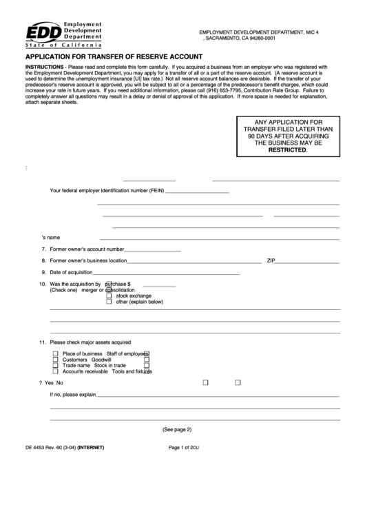 Fillable Form De 4453 - Application For Transfer Of Reserve Account Printable pdf