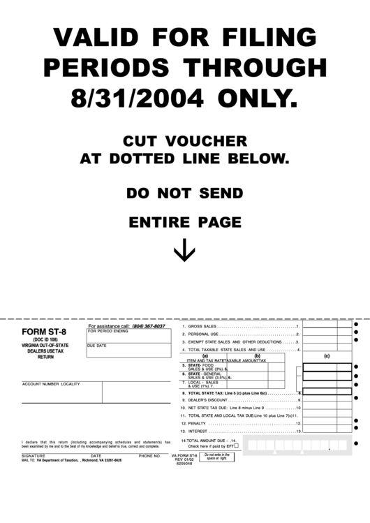 Form St-8 - Virginia Out-Of-State Dealers Use Tax Return Printable pdf