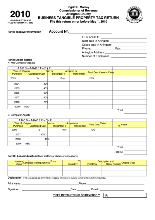 Business Tangible Property Tax Return Form 2010 printable pdf download