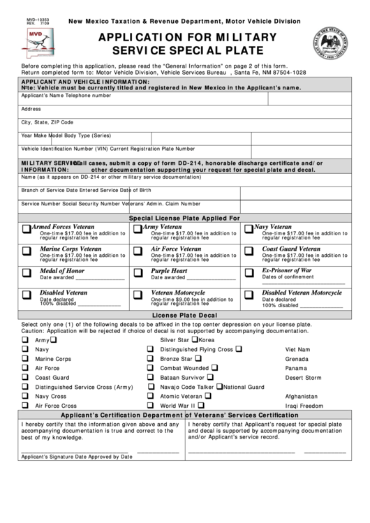 Form Mvd-10353 - Application For Military Service Special Plate Printable pdf