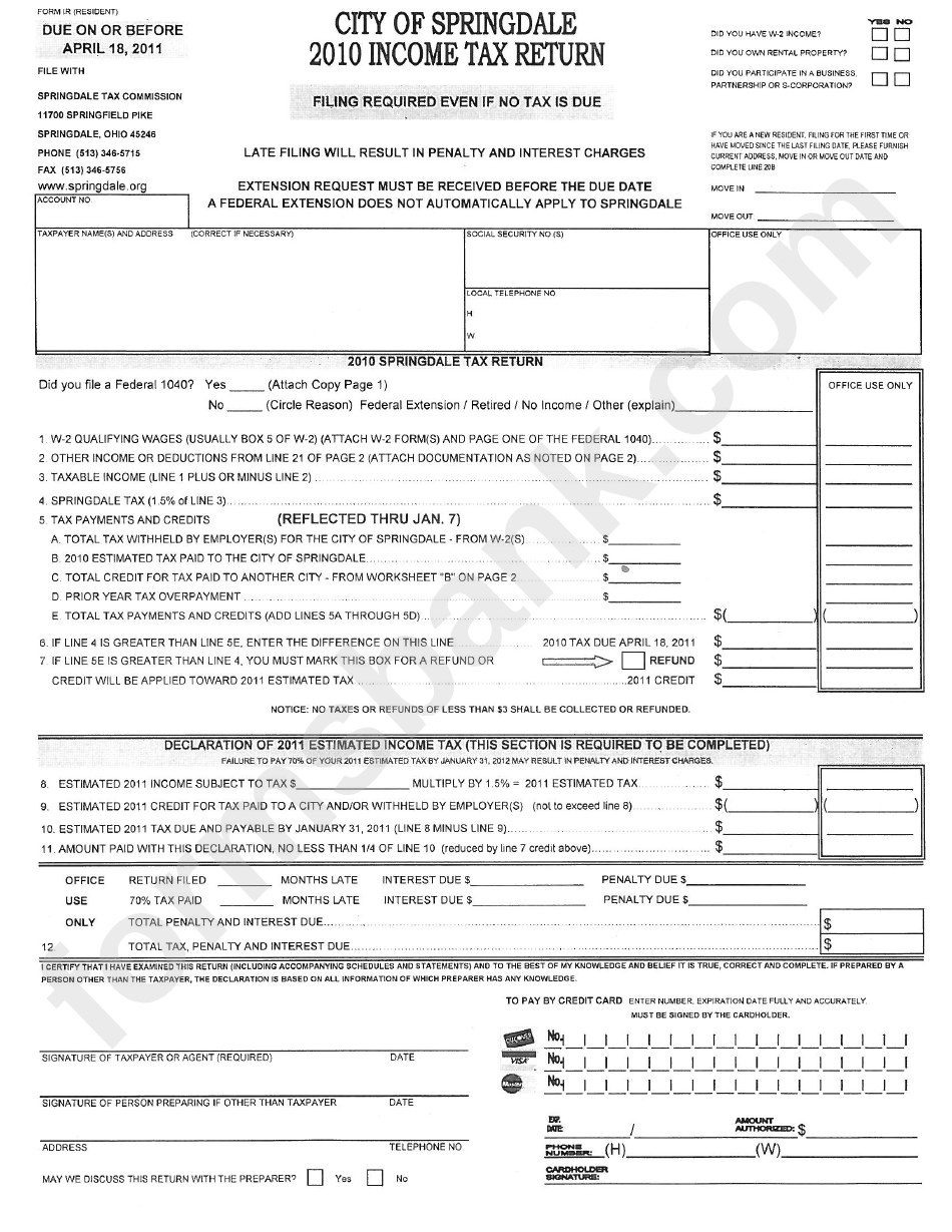 Form Ir - Income Tax Return - City Of Springdale - 2010