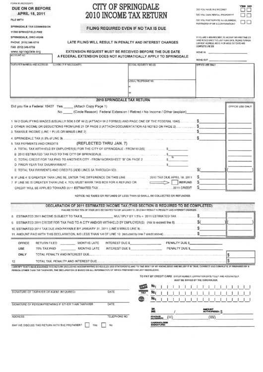 Form Ir - Income Tax Return - City Of Springdale - 2010 Printable pdf