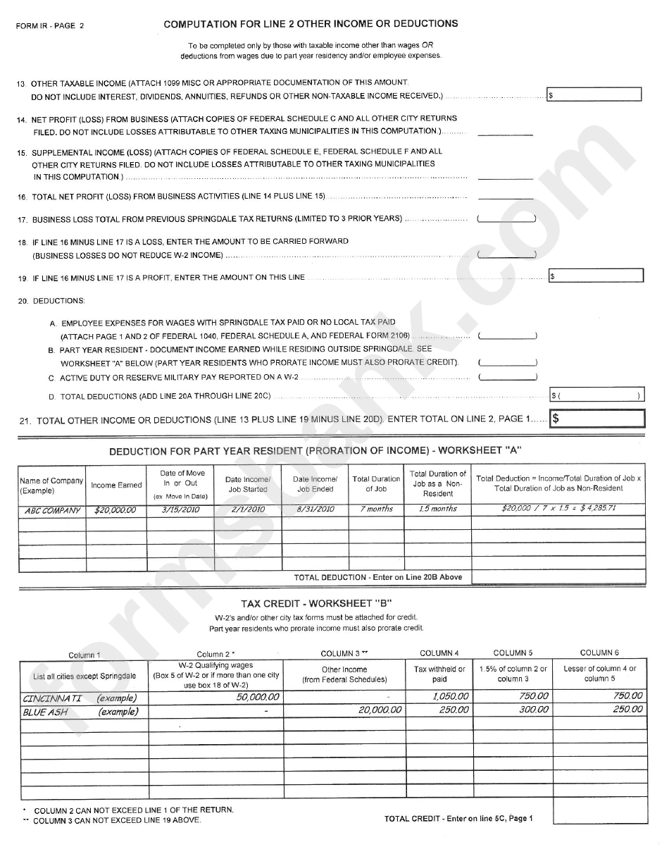 Form Ir - Income Tax Return - City Of Springdale - 2010