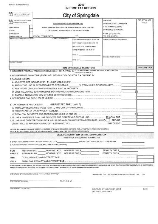 Form Br - Income Tax Return - City Of Springdale - 2010 Printable pdf